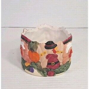 Thanksgiving Pilgrim Turkey Ceramic Bowl Candle Holder Fall Decor Hand Painted